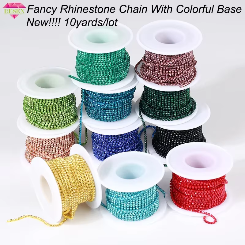 RESEN New Arrival Colorful Rhinestone Chains Dense Fancy Chain Apparel Sewing Glass Rhinestone Cup Chain With Colorful base