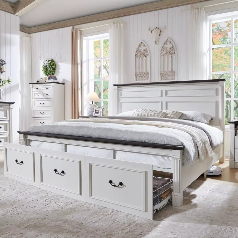 Farmhouse King Size Bed Frame with 51" Tall Headboard, Wood Platform Bed Frame with 20" Tall Roman Column Decoration