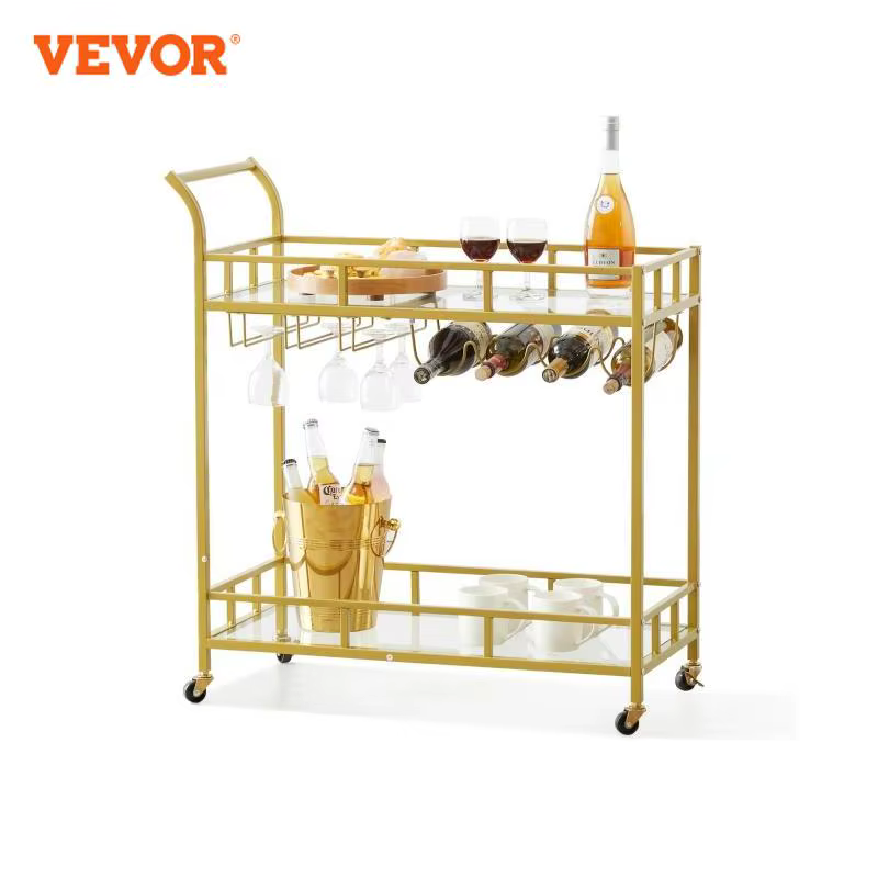 VEVOR Metal Bar Serving Cart Golden Steel Rolling Trolley On Lockable Wheels Mobile Utility with Wine Rack Tempered Glass Holder