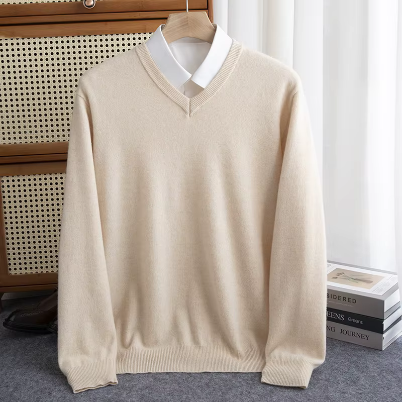 100% Merino Wool Men's V-neck Jumper Autumn/Winter Warm First-line Ready-to-wear Sweater Business Casual Men's Basic Knit Top
