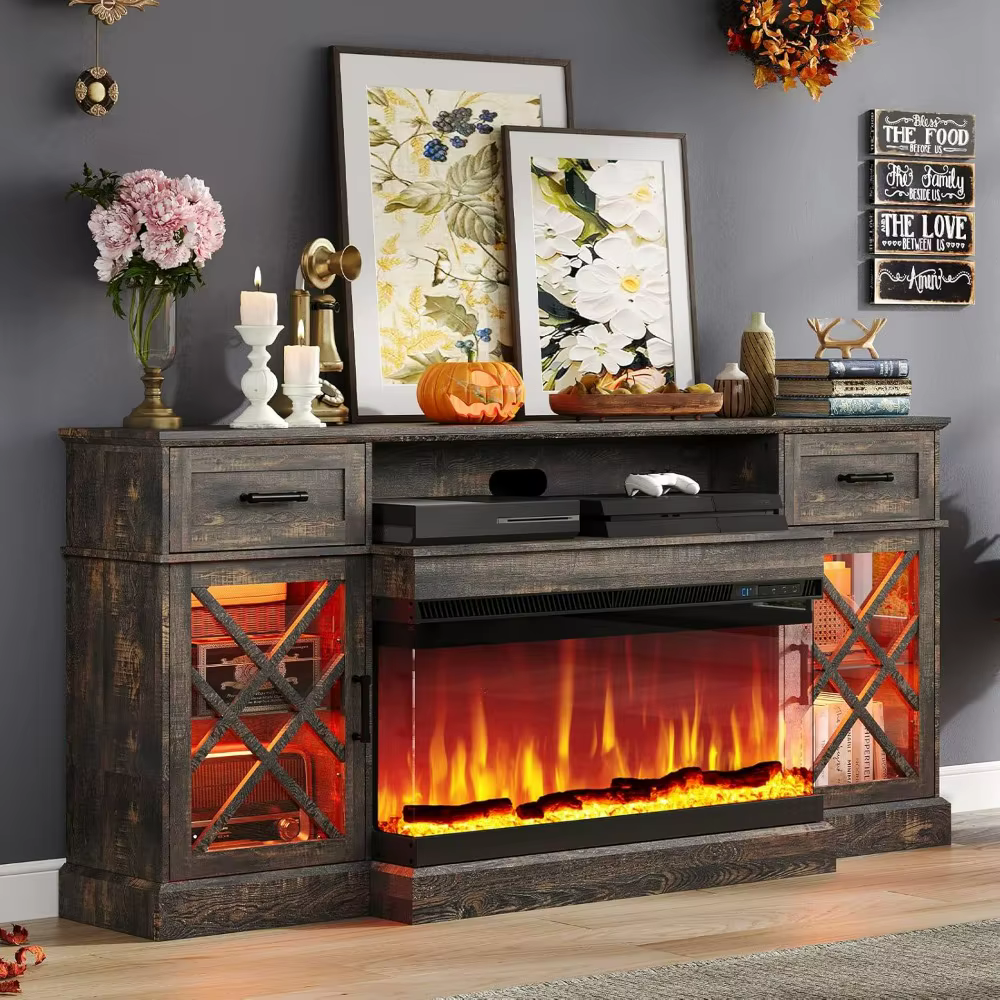 Farmhouse LED Fireplace TV Stand with 3-Sided Glass Fireplace, 70" Large Entertainment Center for TVs up to 80"