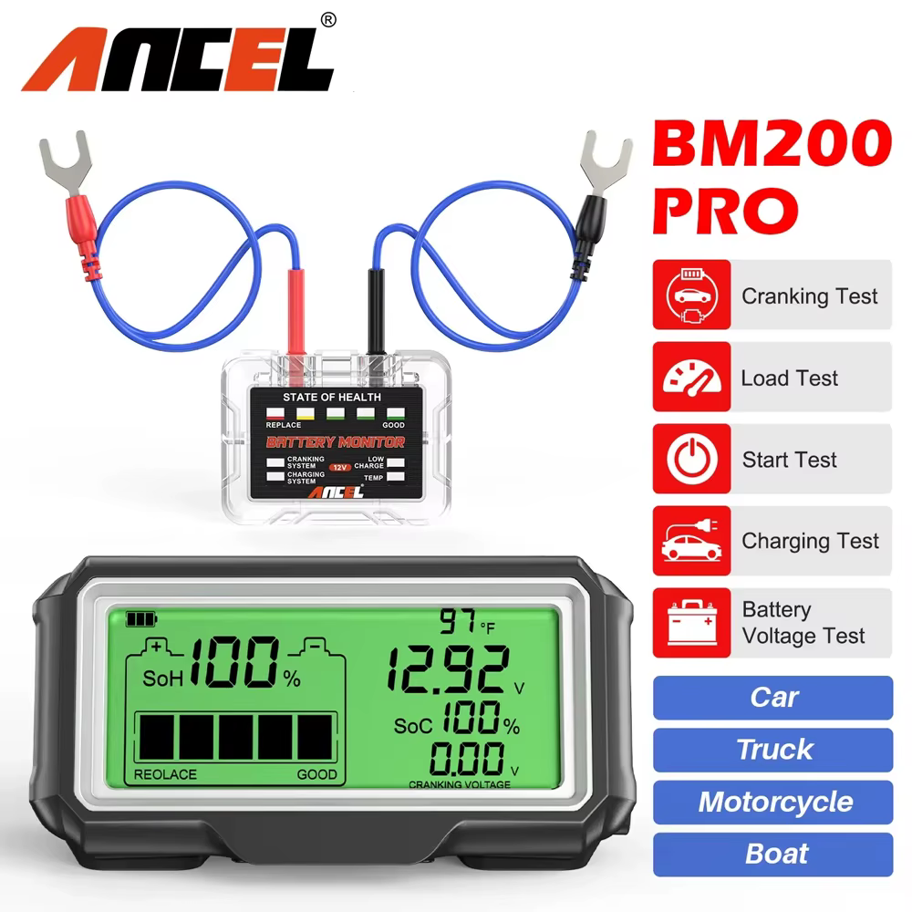 ANCEL BM200 PRO 12V LED Car Battery Tester Monitor Head-Up Display Waterproof SOH SOC Charging Battery Capacity Analyzer Tools