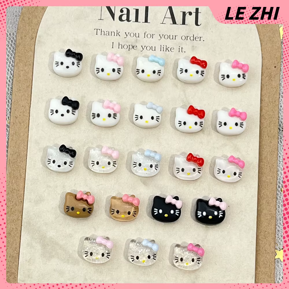 20Pcs Hello Kitty Bowknot Nails Charm Party Stickers 3D Cat Resin Solid Colour Transparent Glitter Nails Stickers Accessories