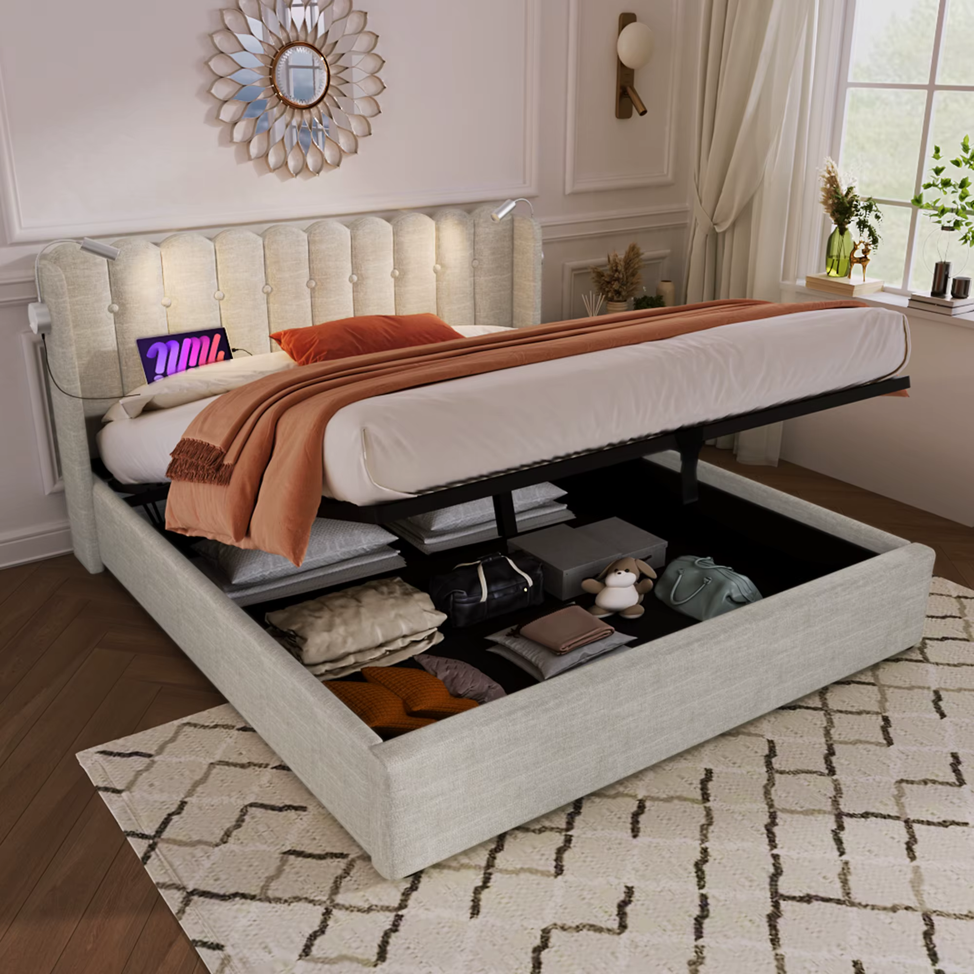 Double Bed with Headboard Storage space and Reading Light - Linen Material Youth Bed Frame with Slatted Frame(Without Mattress)
