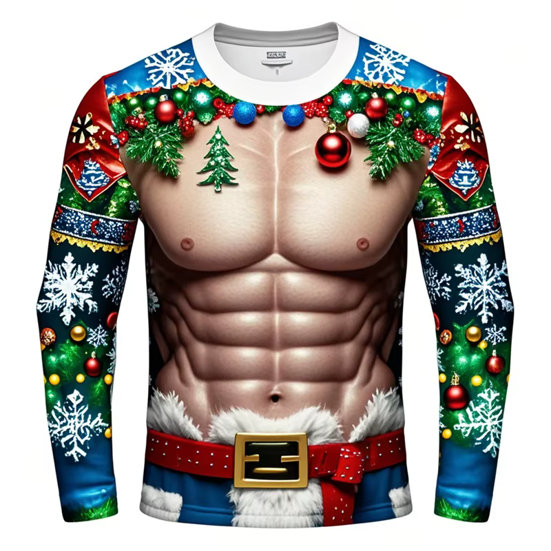 All Over Print Merry Christmas Long Sleeve T Shirt Mens Funny Muscle Graphic Large Size Tee Shirt Streetwear Christmas Gifts Man