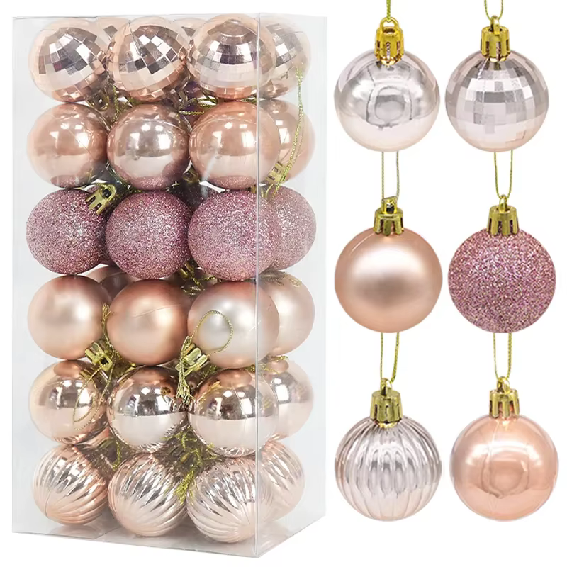 New 36Pcs Rose Gold Plastic Christmas Balls Ornament 4cm Hang Pendant Ball Indoor New Year Xmas Tree Decor Home Christmas Decora
