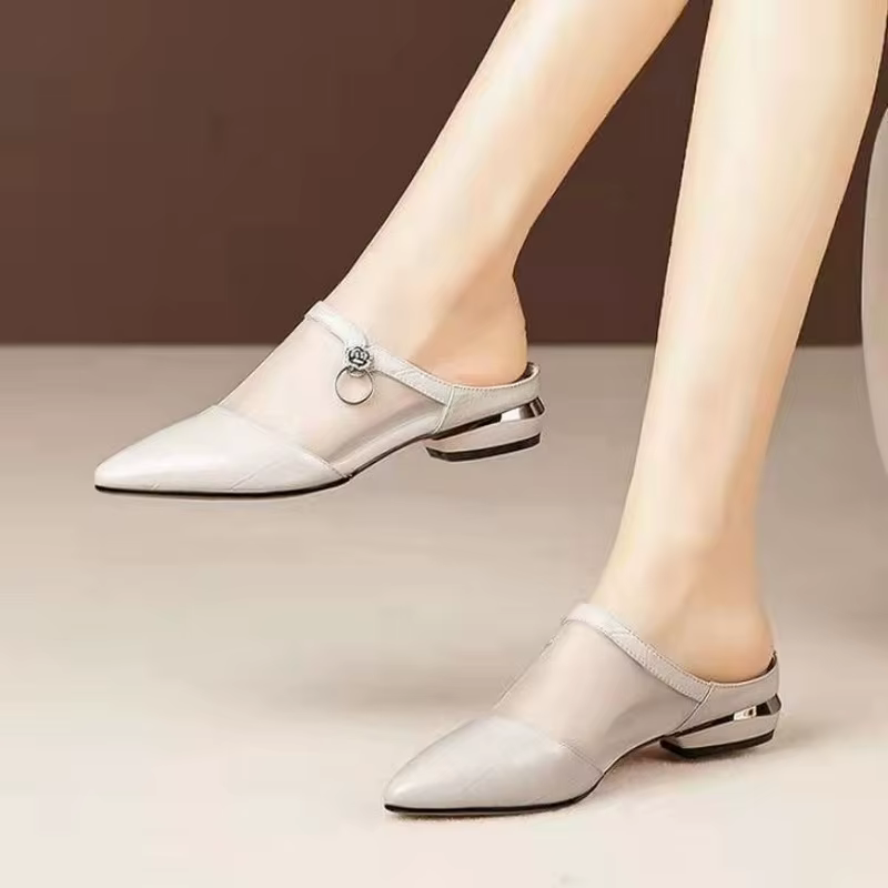 FHANCHU 2022 New Women Mesh Slippers,Fashion Low Heels Slides,Pointed Toe Summer Shoes,Black,Beige,Dropship