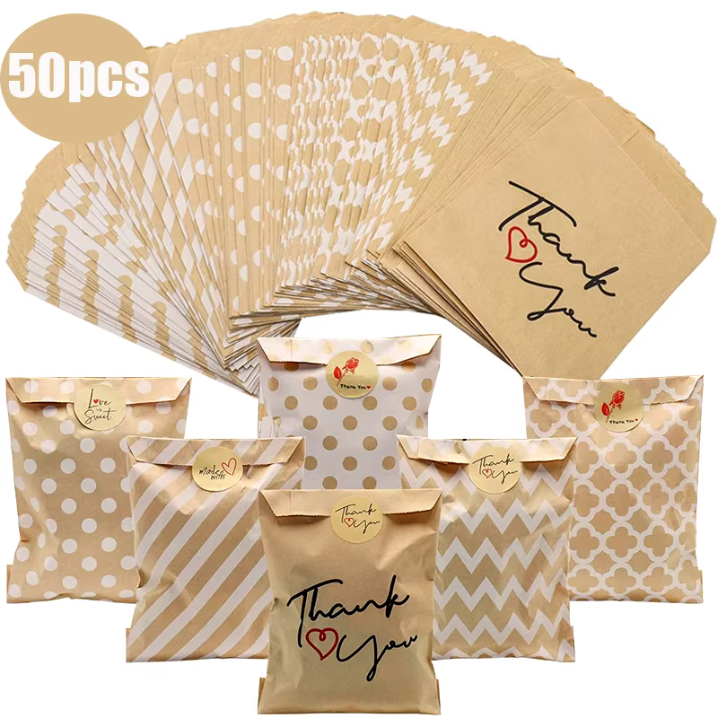 25/50Pcs 13x18cm Thank You Kraft Paper Candy Bags Wedding Favors Biscuit Packaging Bag For Guest Birthday Party Decor Gift Pouch