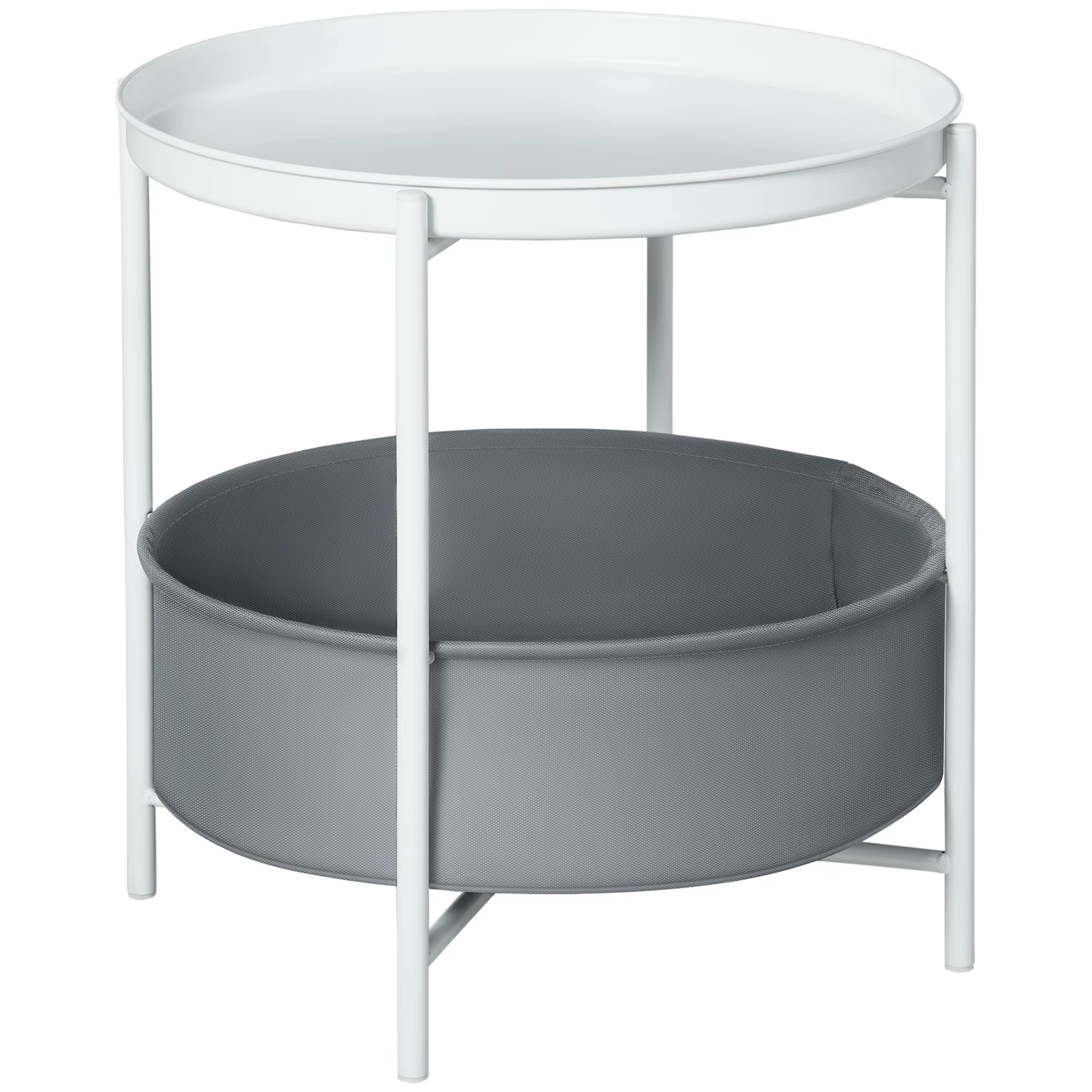 HOMCOM modern side table with Tray and basket removable steel frame round living table for Office bedroom 46x46x48 cm White