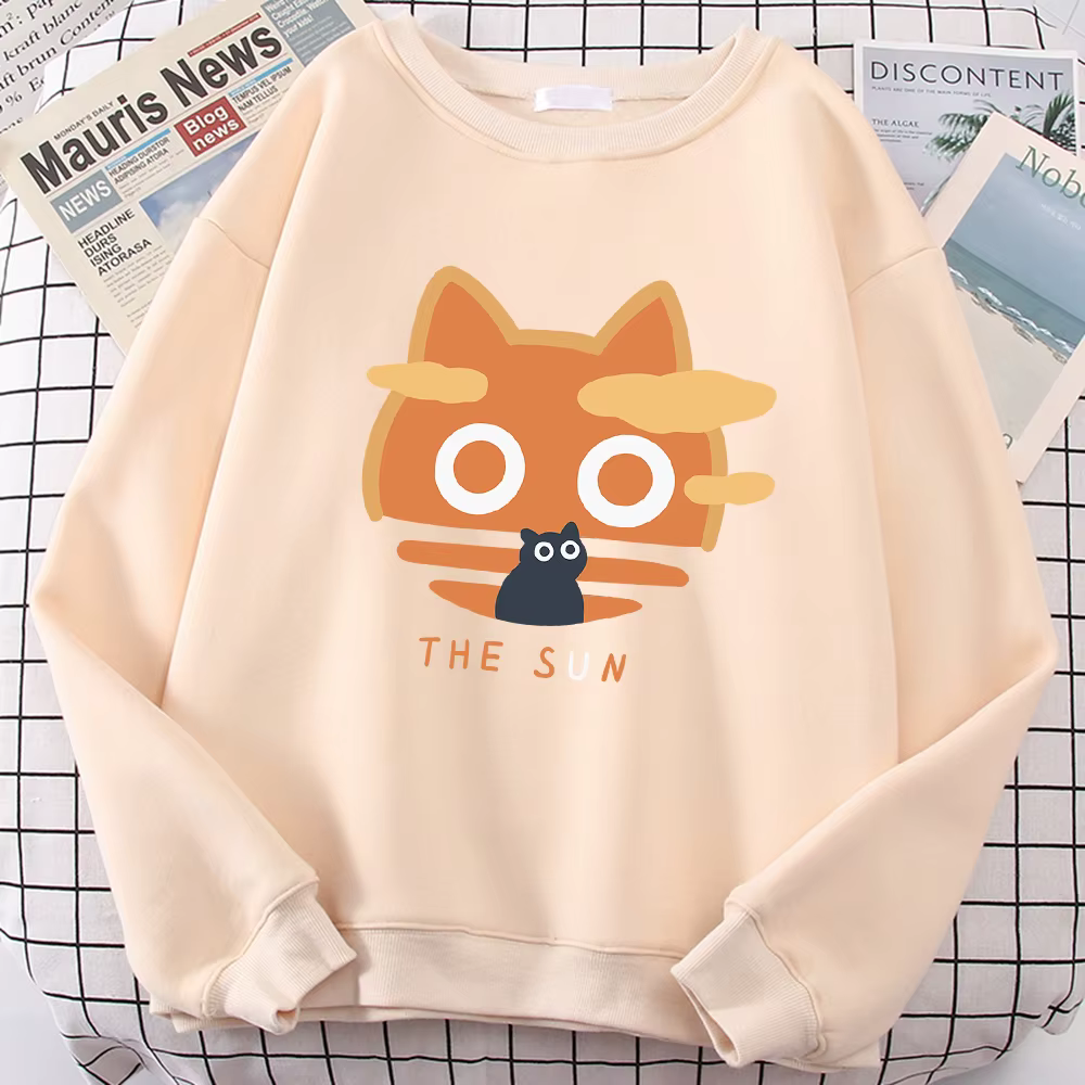 The Sun Orange Cat Fun Cute Print Cartoons Hoody Men Loose Clothing Autumn Winter Fleece Hoodies Loose Comfortable Sweatshirt