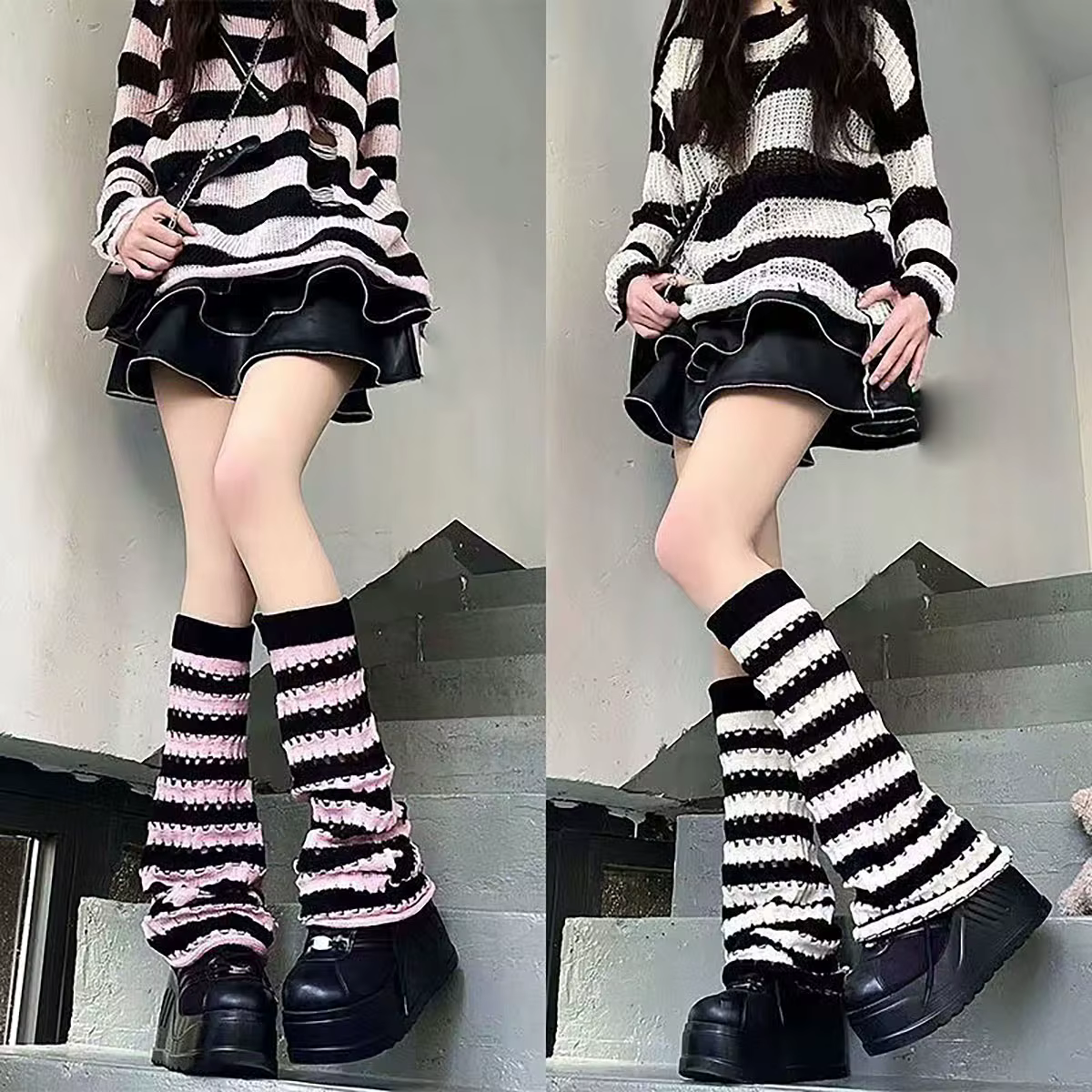 Women Lolita Gothic Striped Hollow Leg Warmers Wide Leg Leggings Jk Boots Stocking Girls Punk Boot Cover Y2k Harajuku Leg Covers