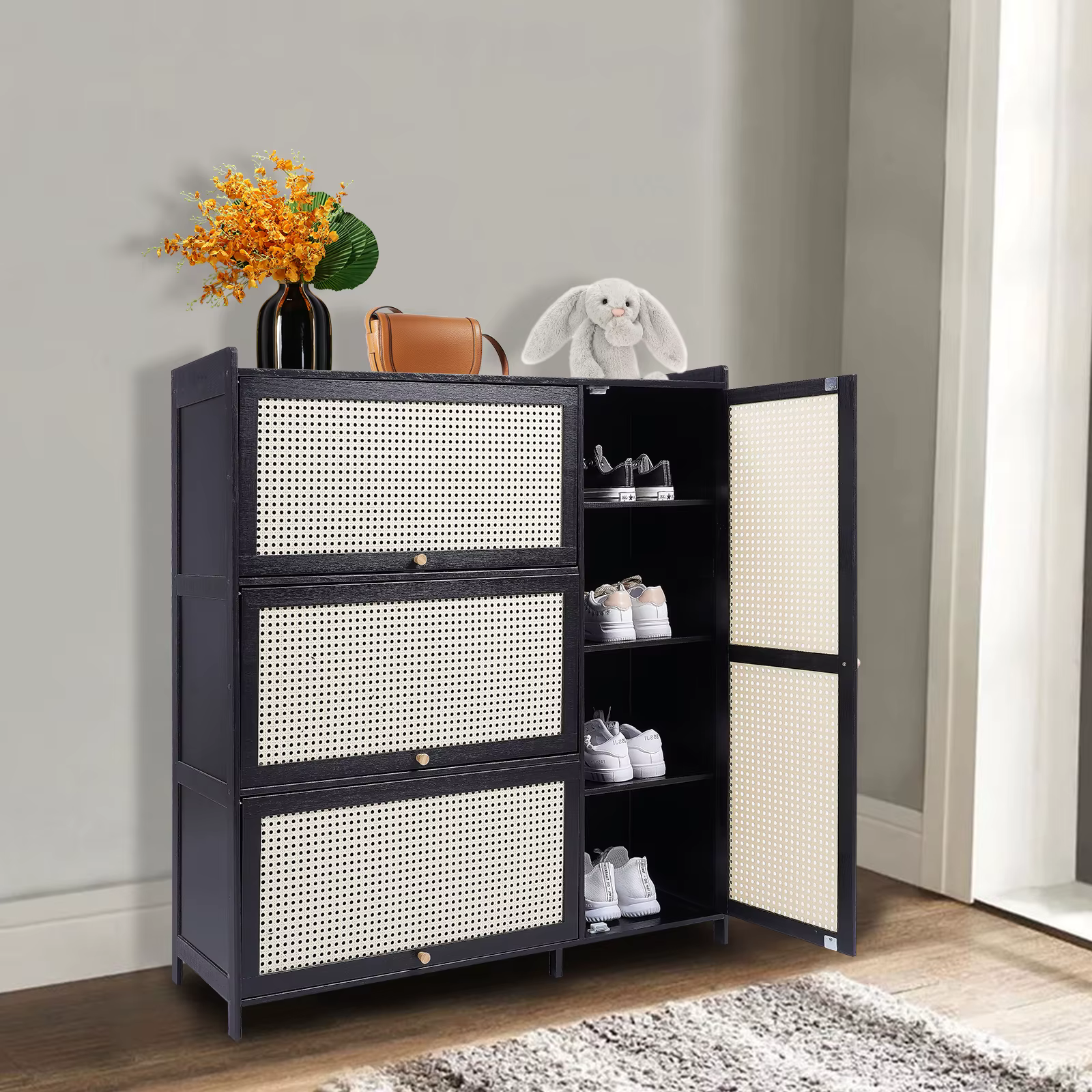 CNCEST 4 Door Shoe Cabinet Bamboo Rattan Storage Organizer Rack Cabinet for Living Room Hallway Entryway