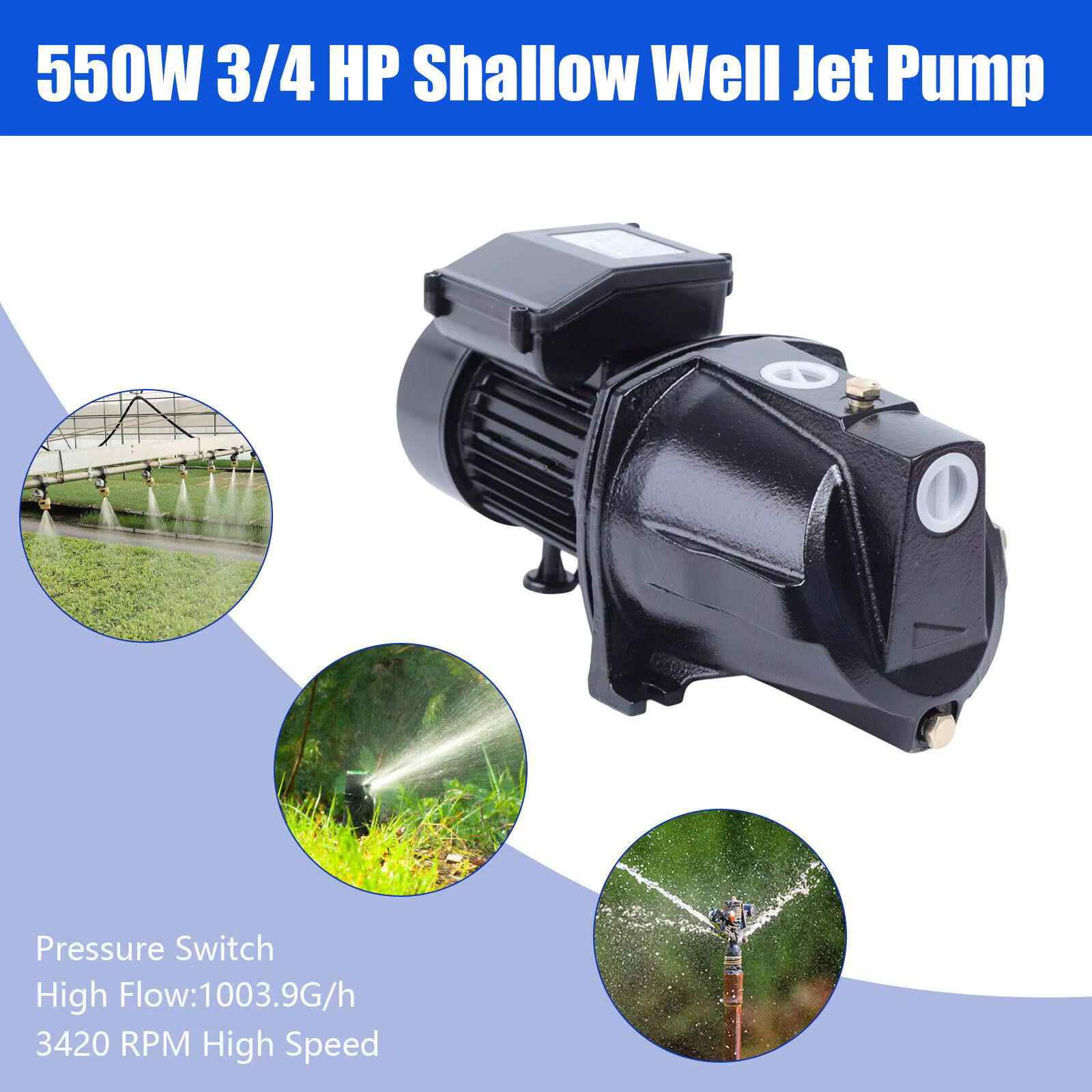 3/4 HP Shallow Well Jet Pump 110V Heavy Duty Jet Pump w/Pressure Self-Priming Shallow Water Pump Switch 3420 RPM Max Speed