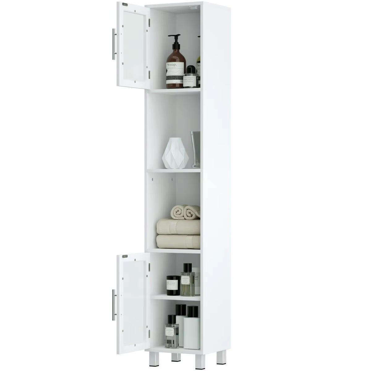 ERGOMASTER Bathroom Tall Cabinet Slim Freestanding Storage Organizer Cupboard 2 Glass Doors