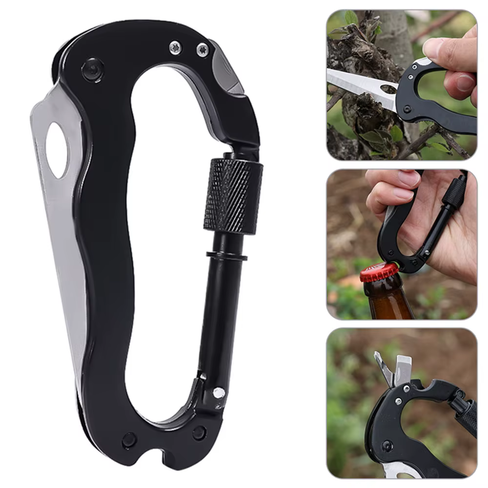 5-in-1 Multifunctional Outdoor Mountaineering Buckle,Hanging Buckle with Knife, Cross Screwdriver for Survive Self-defense