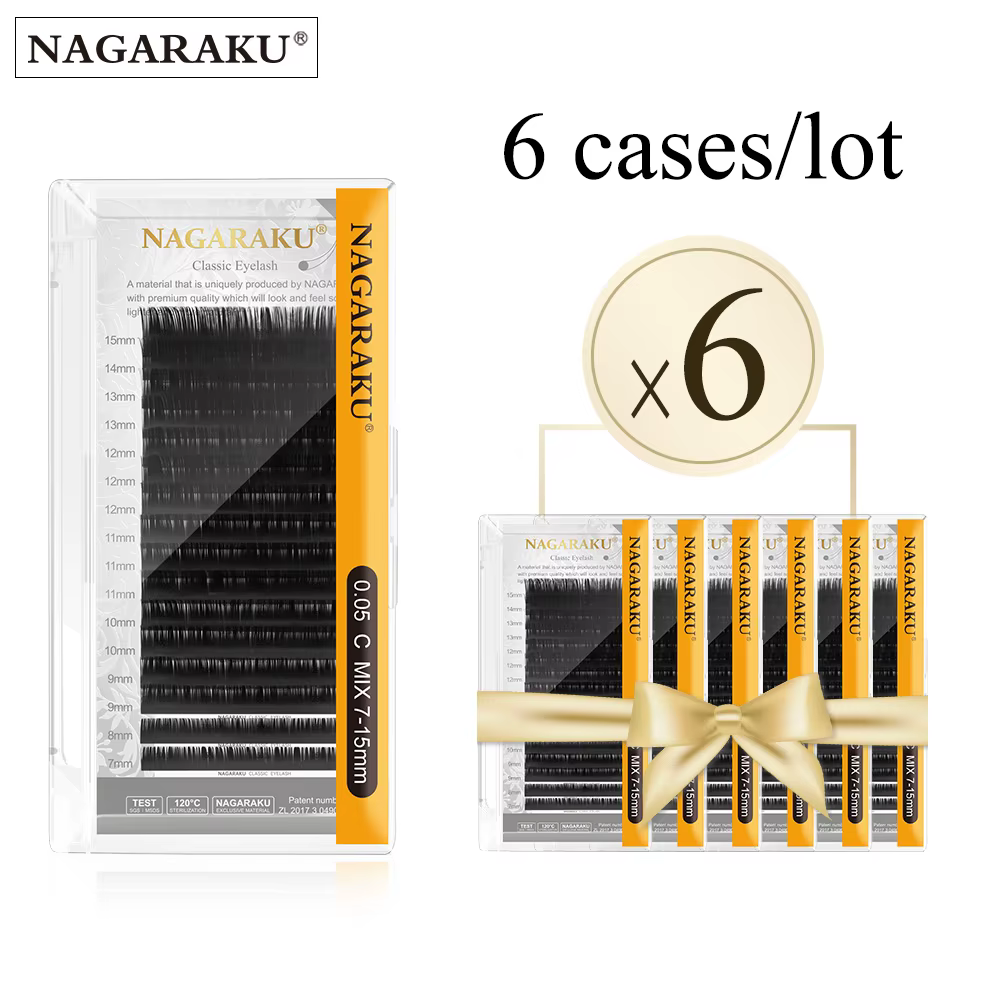 NAGARAKU 6 Cases Classic Mix Eyelash Extension Natural Soft Supplies Synthetic Mink Individual 7-15 Mix 16 Lines High Quality