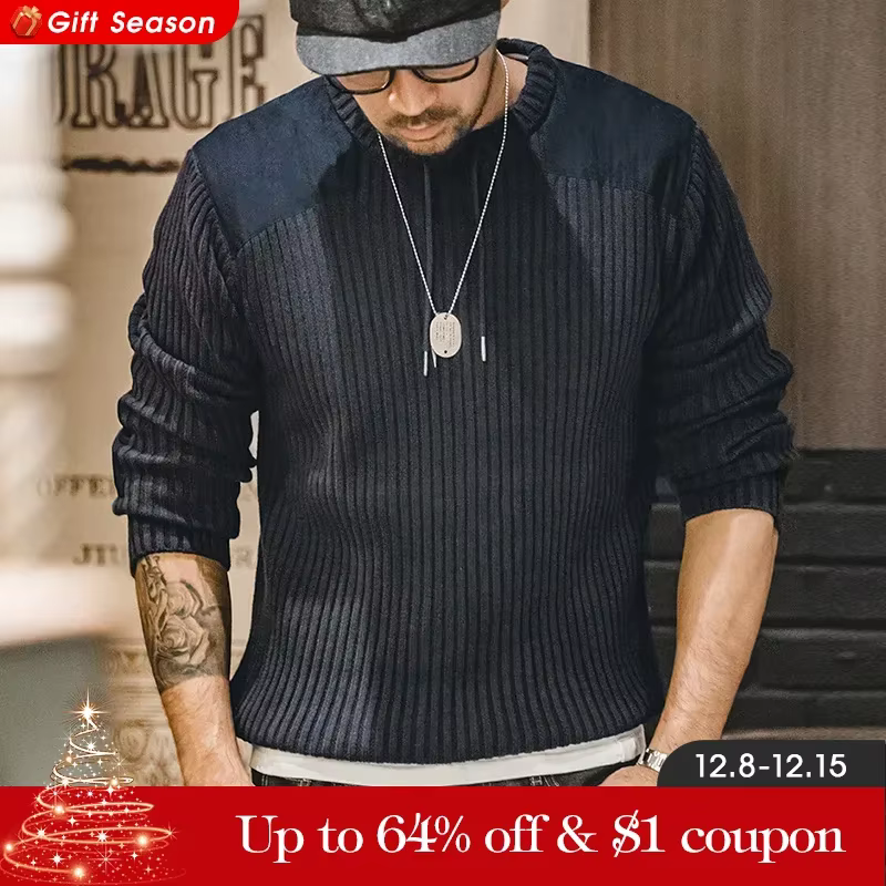 Maden Vertical Stripe Sweater O-Neck Slim Fit Men’s Retro Knitted Pullover Patch Stitching Design Classic Sweaters Men Clothing