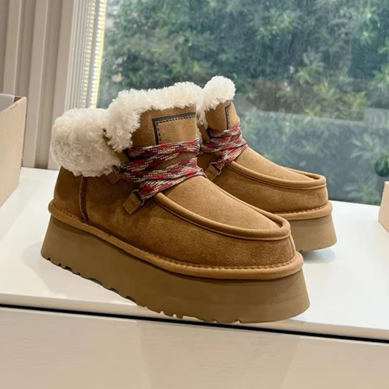 한국 2024 겨울 스노우 부츠 플랫폼 여성 복사뼈 부츠 여성 끈 고품질 가죽 양모 밤색 신발