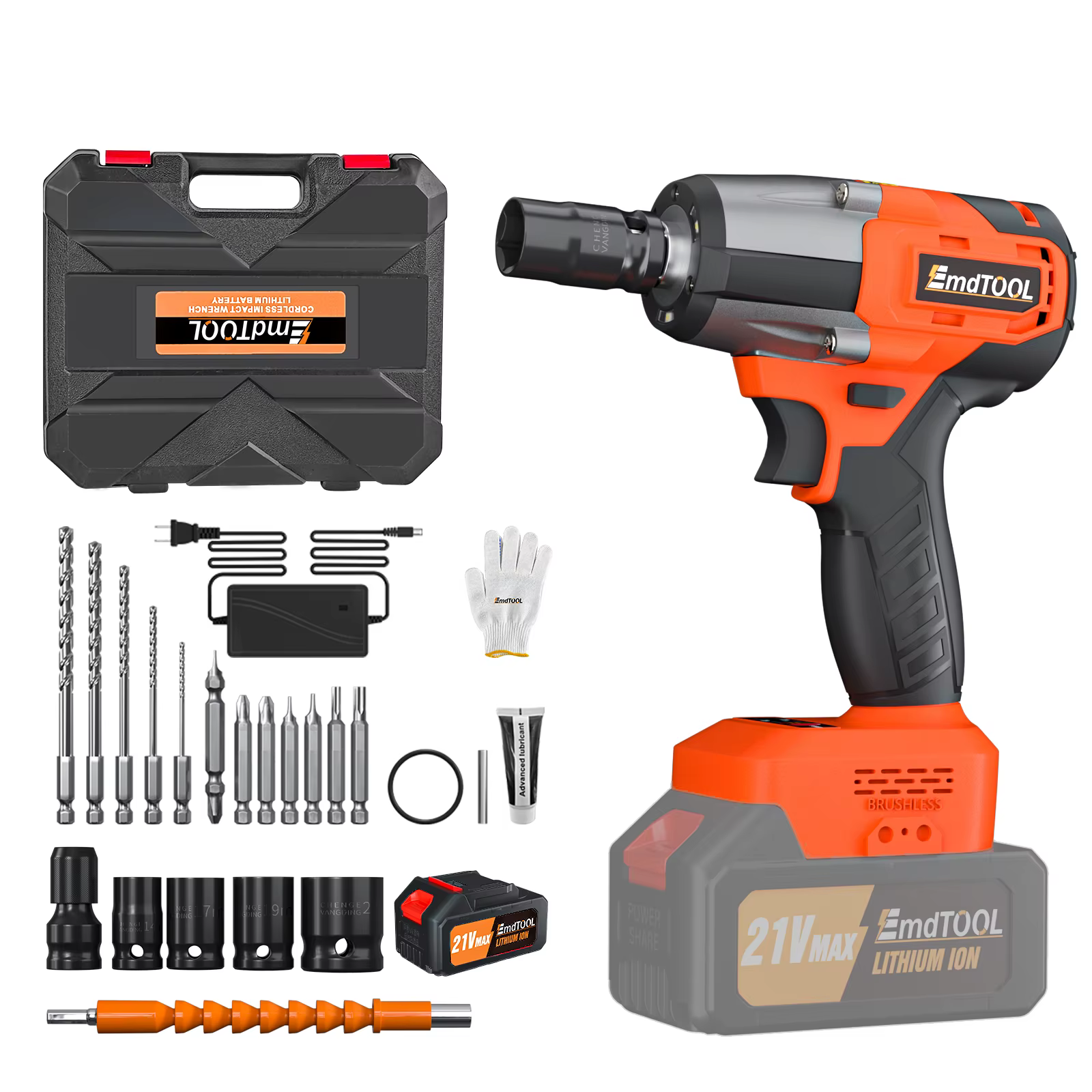 EMDTOOL 1/2 inch Cordless Brushless Impact Wrench, Variable Speed 3200rpm, Max Torque 1500Nm with 4 Socket Sets Impact Gun
