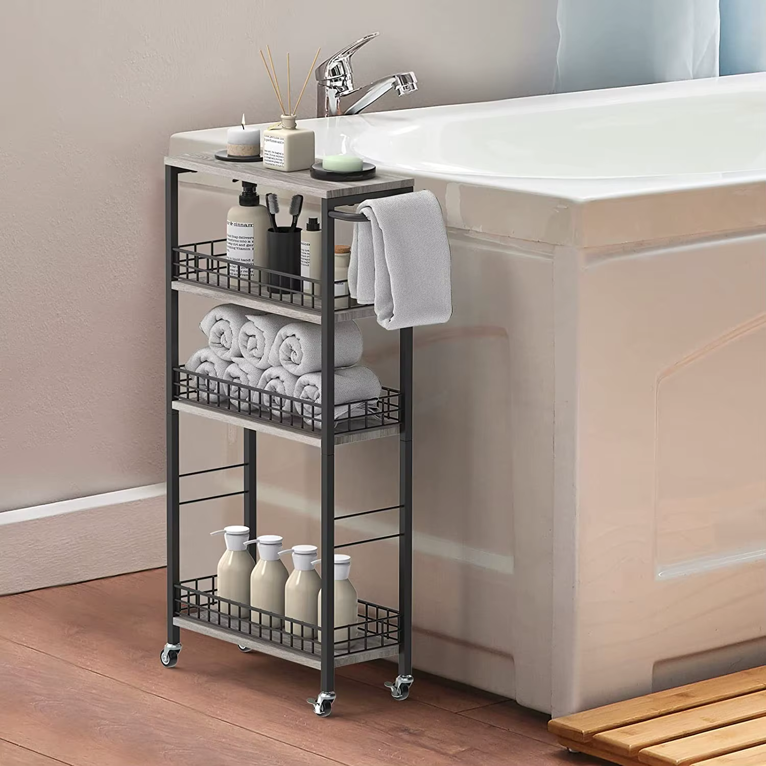 4 Tier Slim Storage Cart Narrow Laundry Cart on Wheels Utility Kitchen Rolling Cart Bathroom Storage Organizer