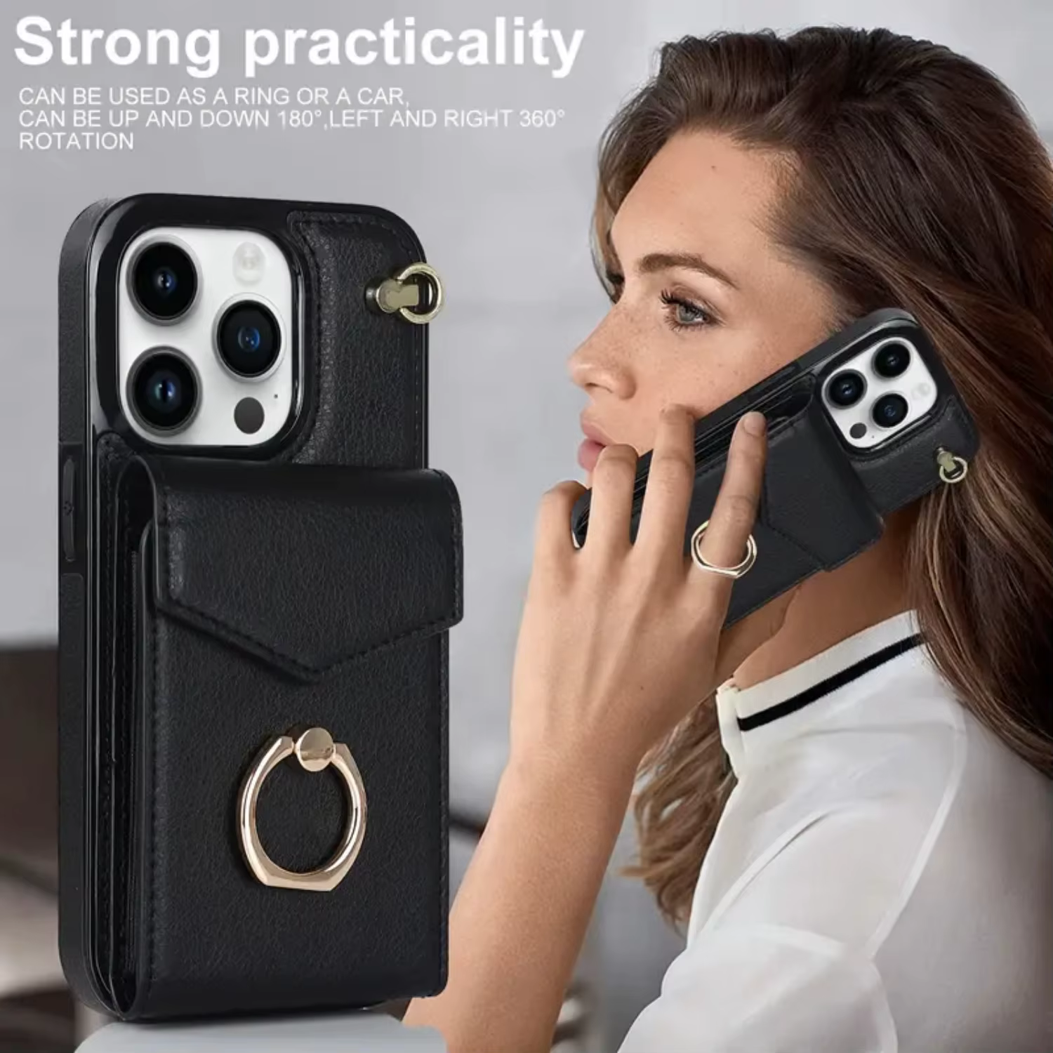 Leather Case With Card Holder, 360° Rotation Ring Stand Protective Case  Compatible With IPhone 14 IPhone 14 Pro