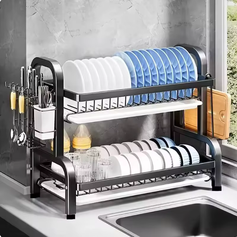 Dish Drying Rack Adjustable Kitchen Plates Organizer with Drainboard Over Sink Countertop Cutlery Storage Holde