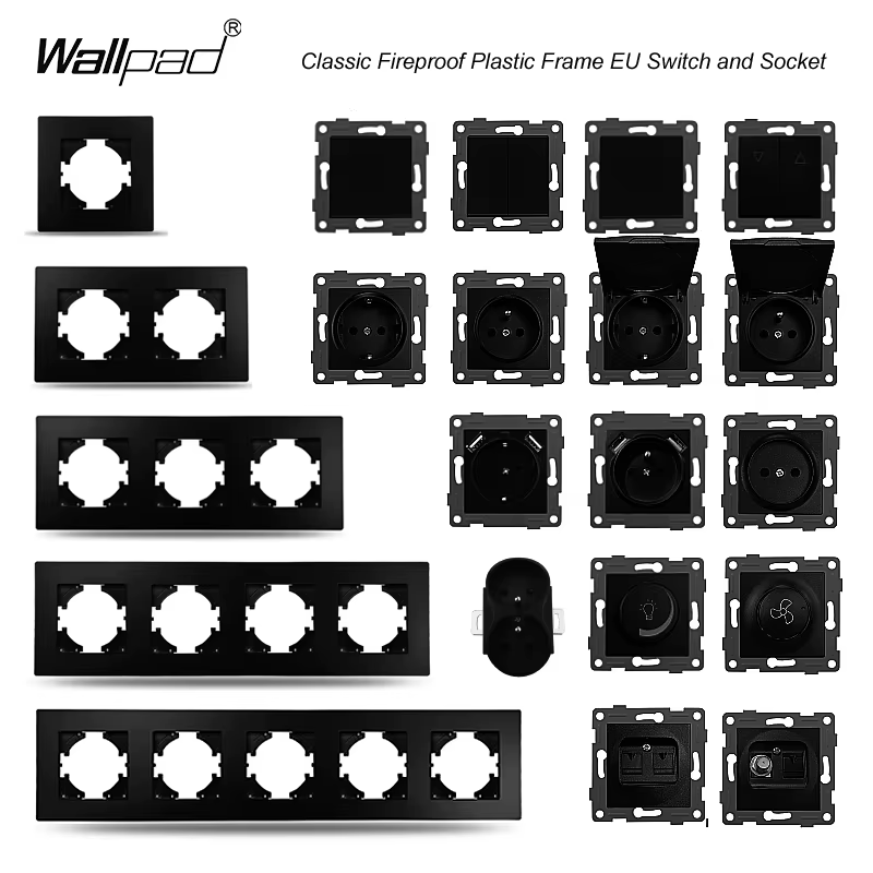 EU DIY Black Matte PC Frame 1 2 3 Gang Fan Dimmer Switch Double French Spain Power Socket with USB TypeC TV Cat6 RJ45 Data