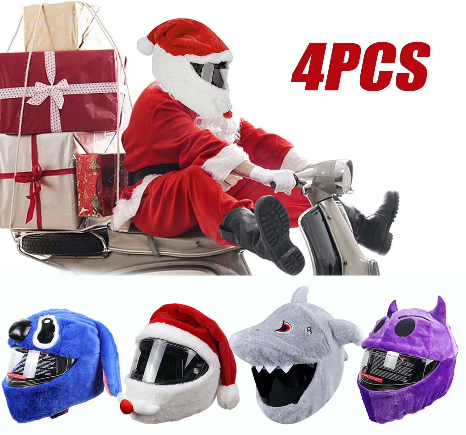 4PCS Motorcycle Helmet Santa Claus Motorcycle Helmet Set Crazy Funny Outdoor Christmas Hat Christmas Decoration Helmet