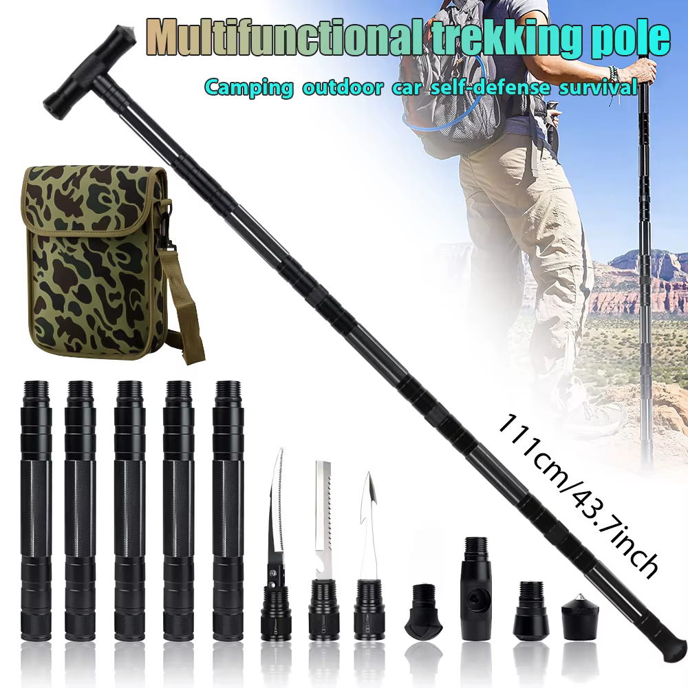 Multi Mountaineering Stick with Camouflage Backpack T-shaped Retractable Folding Stick for Outdoor Mountaineering Climbing Tool