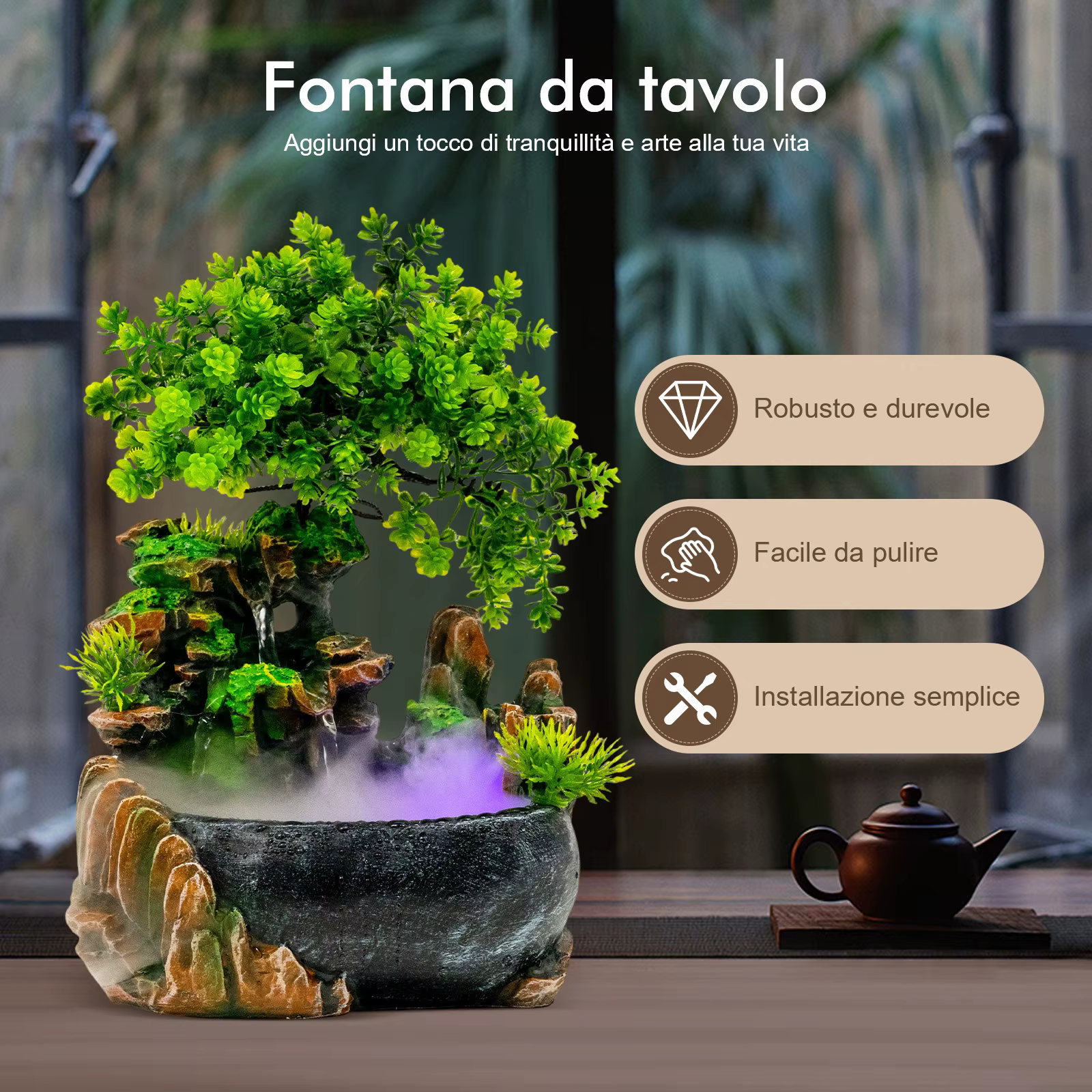 Desktop Fountain Decoration, Rockery with LED Lights& Atomizer, Chinese Fengshui Artificial Plants for Living Room& Bedroom