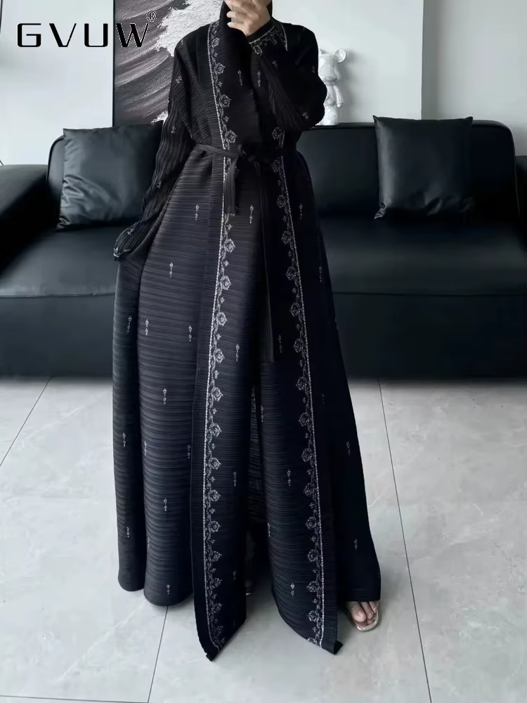 GVUW Pleated Print Trench Coat Women Full Sleeve Lapel Lace-up Vintage Style New 2025 Fashion Female Long Windbreaker 17G8032