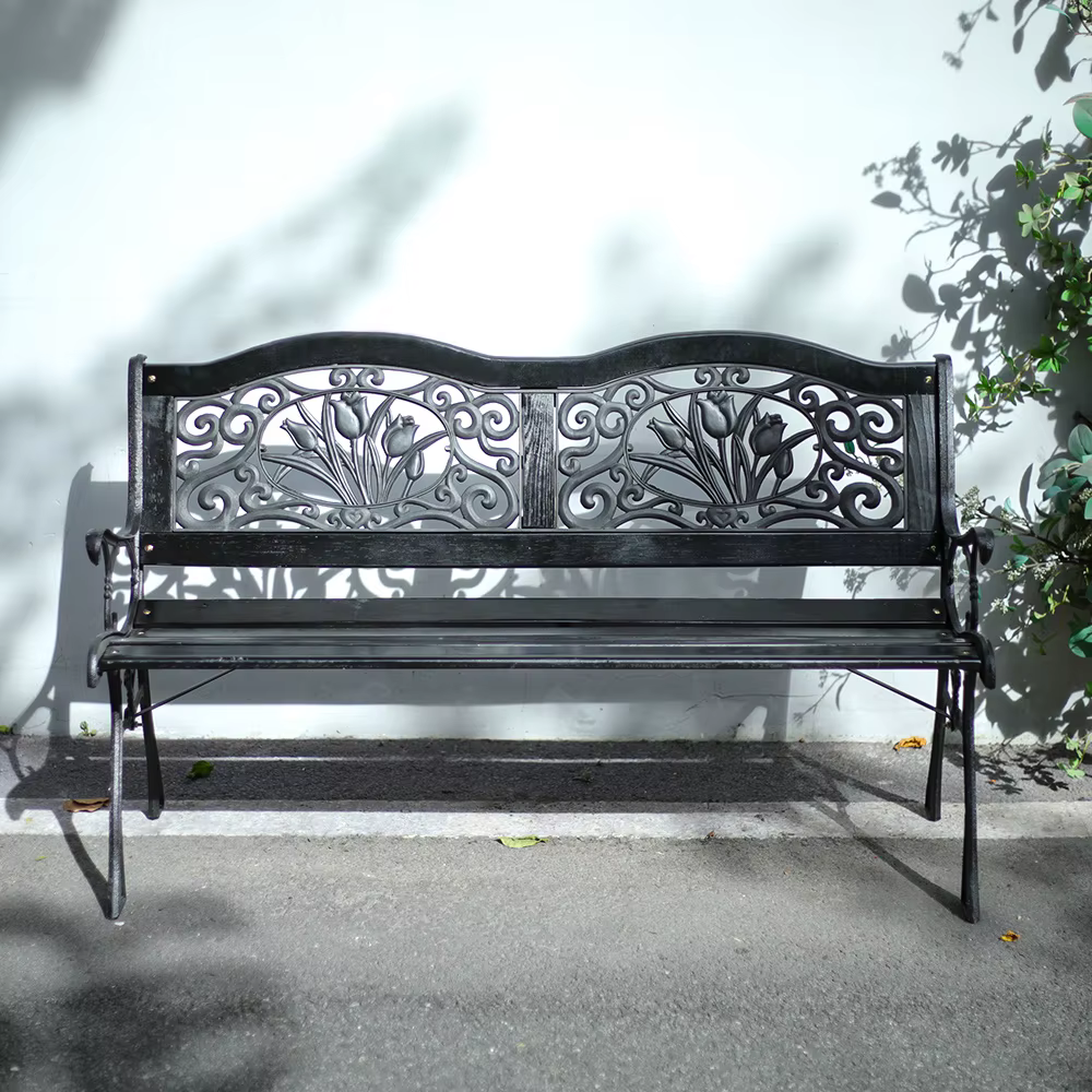 【Breeins】Black Metal Frame Wood Garden Bench