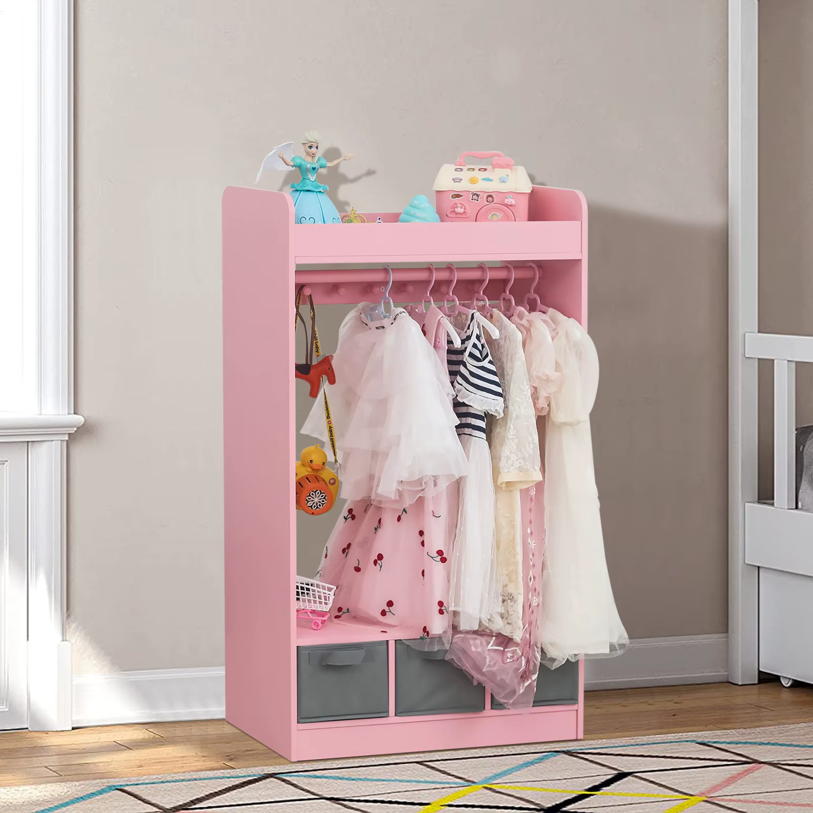 Kids Costume Organizer、 Costume Rack、Kids Armoire、Open Hanging Armoire Closet with Mirror-PINK