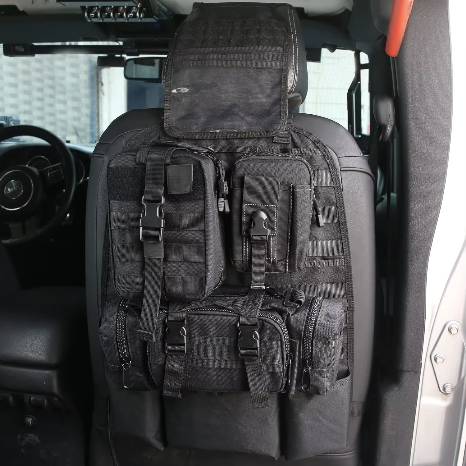 OMU Tactical Car Seat Back Organizer, Molle Panel with 3 Detachable Pouches, Multi-Pocket System, Space Saving, Easy Install