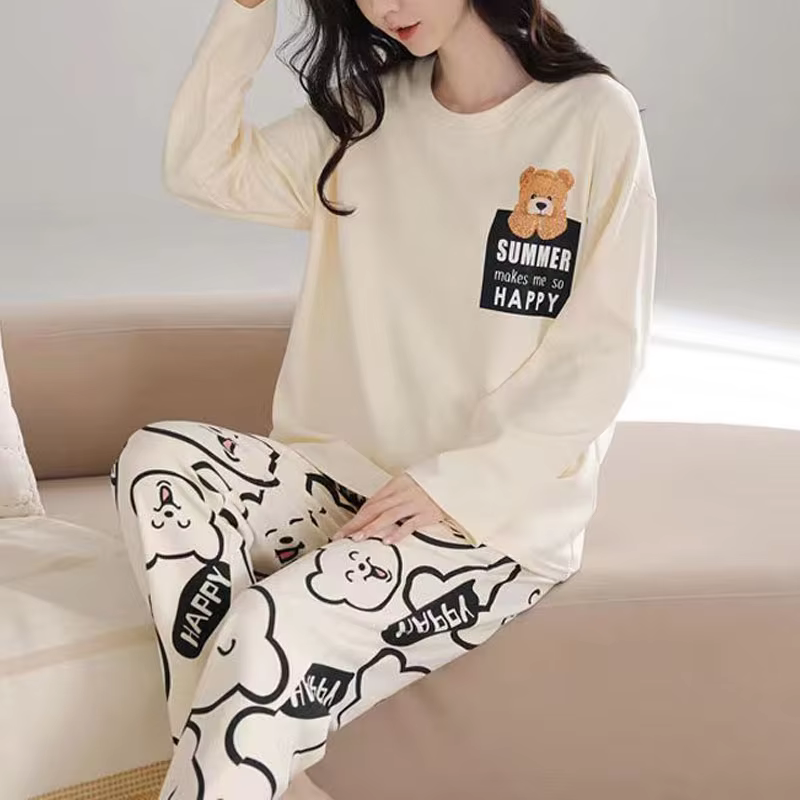 Big Size Pajamas Set Long-Sleeved Long Trousers Student Nightwear Two-Piece Autumn and Winter Cute Cartoon Bear Women Sleepwear