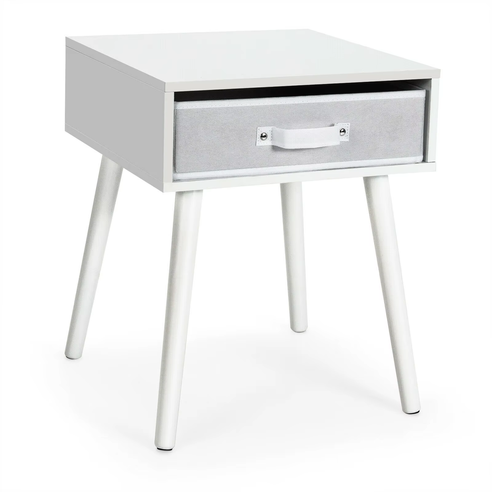 Mid-Century Nightstand End Accent Bedside Table W/ Fabric Drawer Rustic White