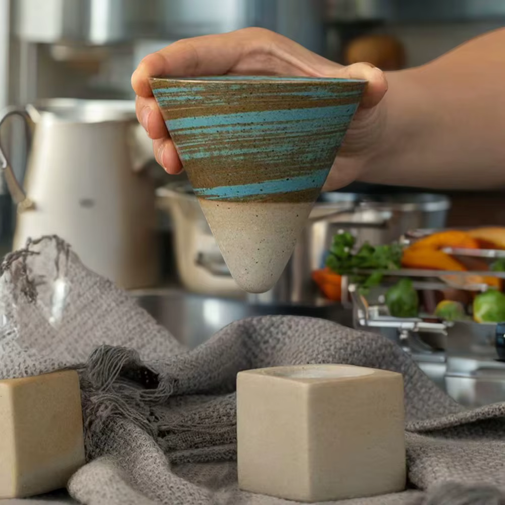 Set of Creative Retro Japanese Rough Pottery Tea Cup with Base, Latte Flower Coffee Cup, Solid Color Mug - Ceramic Cup Pull Flow