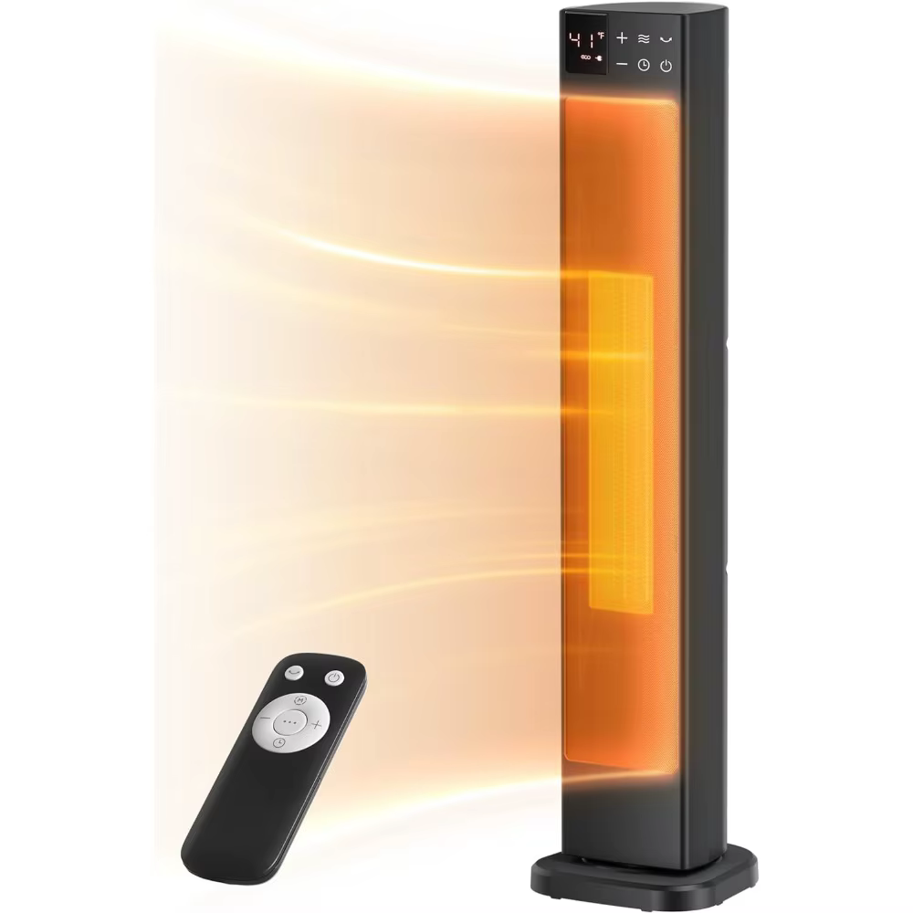 Ceramic Tower Space Heater with Adjustable Thermostat, Remote Control & 12H Timer, Tip-Over Switch& Overheating Protection,1500W