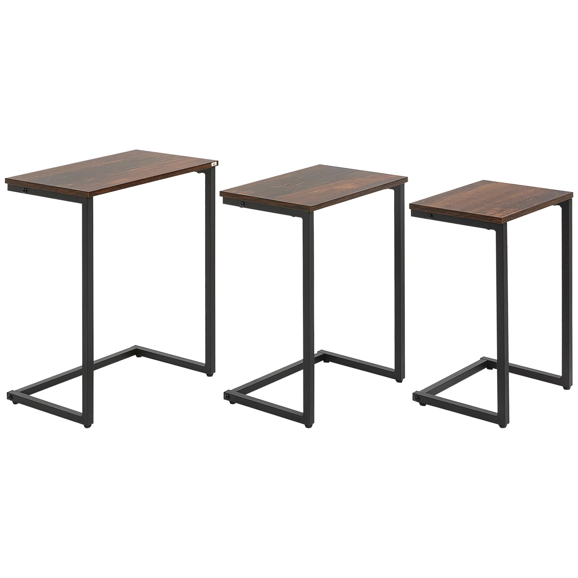 HOMCOM 3-table set C-shaped Industrial nest tables with steel legs for living room office bedroom 45x30x60 cm 40x28x56 cm and 34x25x50 cm rustic Brown