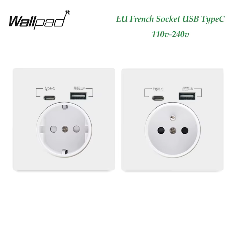 EU French Phone Type C USB Outlet Wall Charger Wallpad White PC Panel Adaptor AC Power Socket Smart Home 5V 2.1A Box Holer