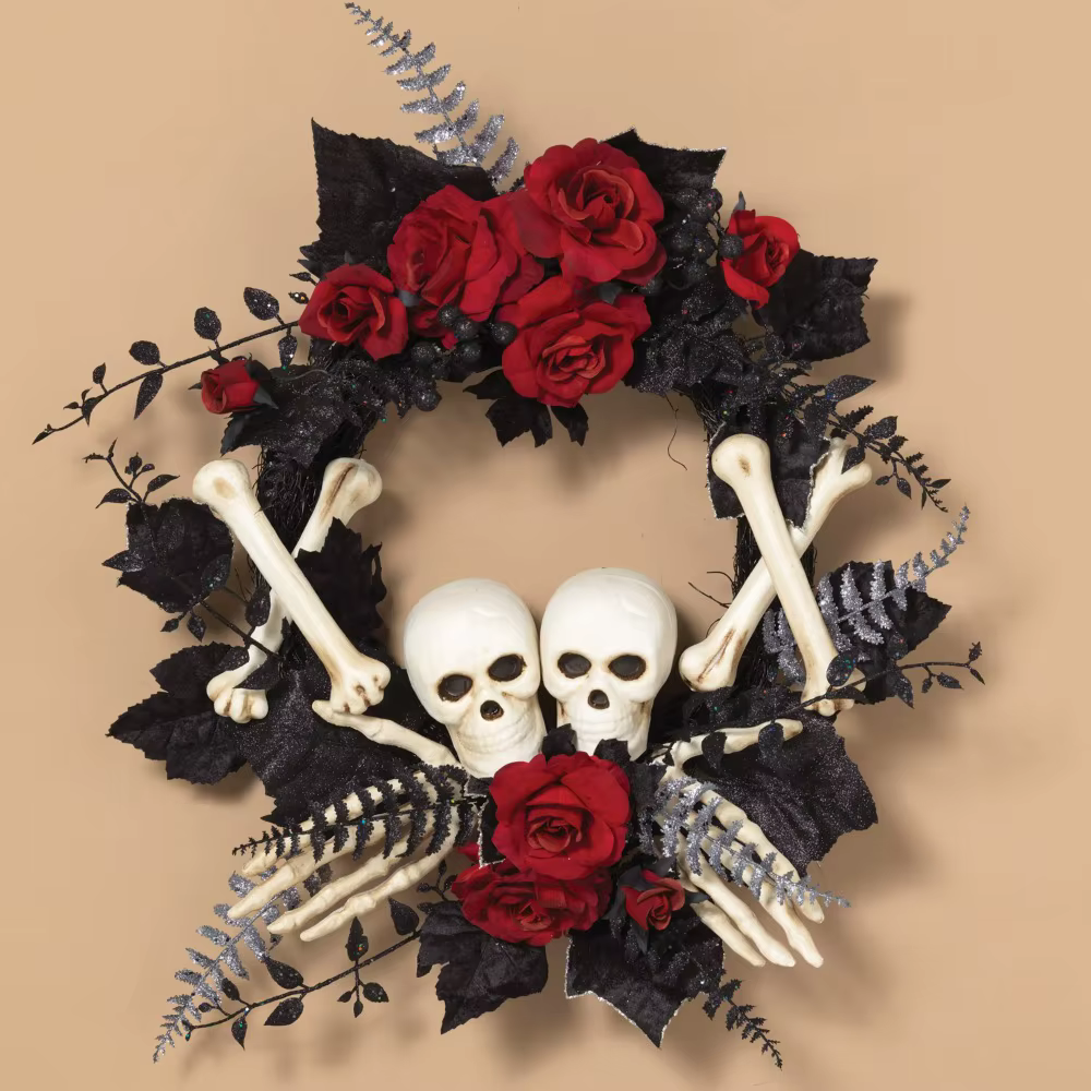 Decoration Halloween Decor 24-Inch Diameter Halloween Skeleton and Roses Wreath Christmas Decoration Liquidations Free Shipping