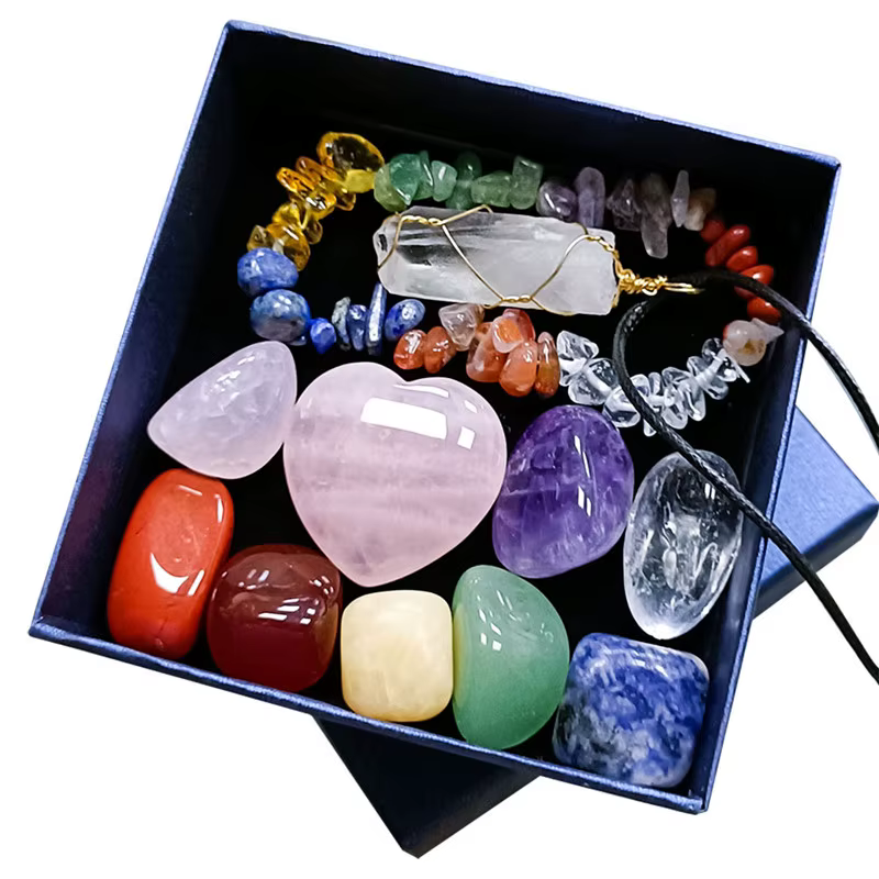 Hot Selling Spiritual Meditation Crystal Heart Healing Crystal 7 Chakra Tumbling Stone Box Set