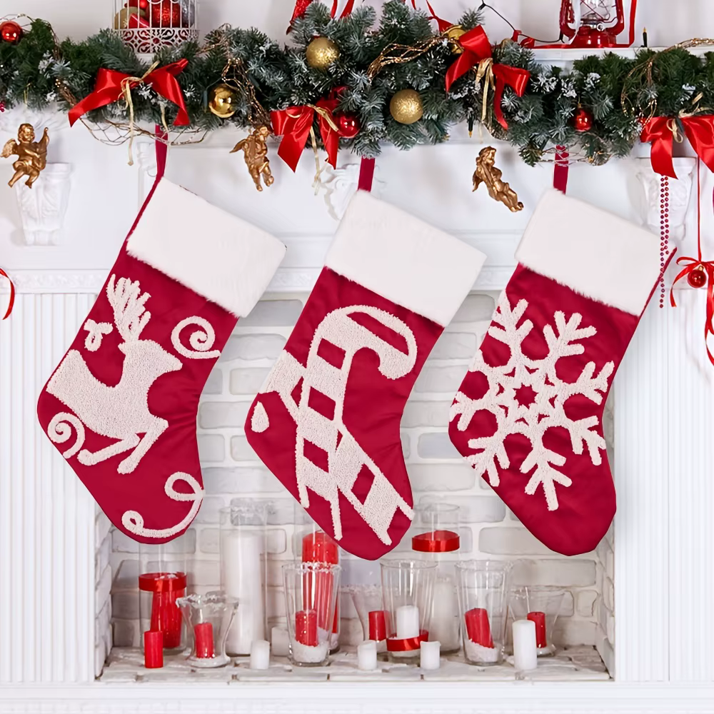 1pc Christmas Decorations Creative Snowflake Luxury Christmas Socks Red Gift Socks Gift Bag