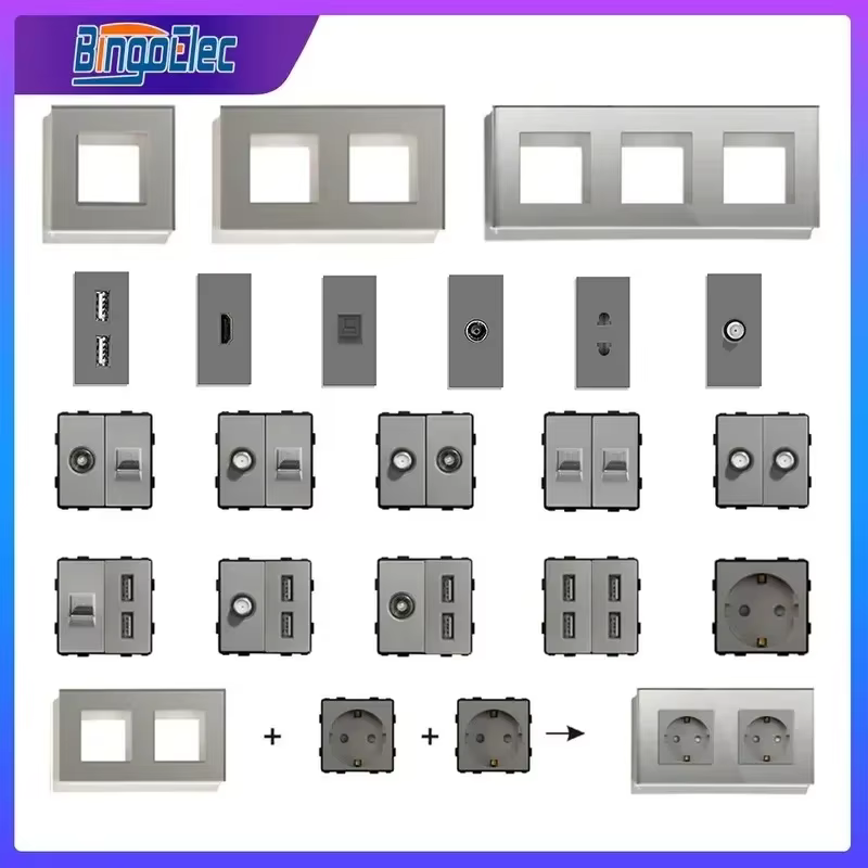 BINGOELEC Glass Switch Socket with Glass Switch with Wifi Socket Wall sockets light switch USB Rj45 CAT6 Grey DIY Function Parts