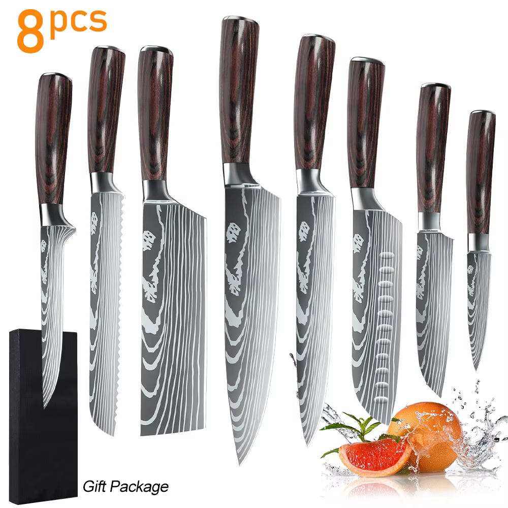7CR17 8PCS Kitchen Knives Set Stainless Steel Sharp Chef Slicing Meat Cleaver Laser Damascus Pattern Chef Knife Sharp Knives Too