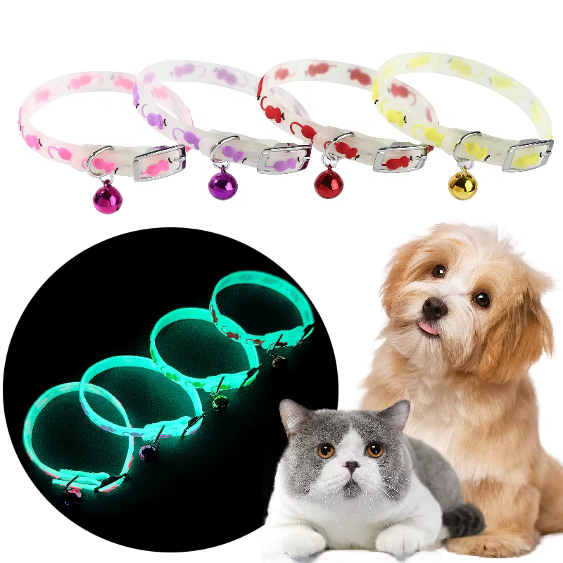Luminous Cat Necklace Glowing Small Dog Cat Collar Anti-Loss Fluorescent Silicone Cat Bell Collar Neck Ring Pet Cat Accessories