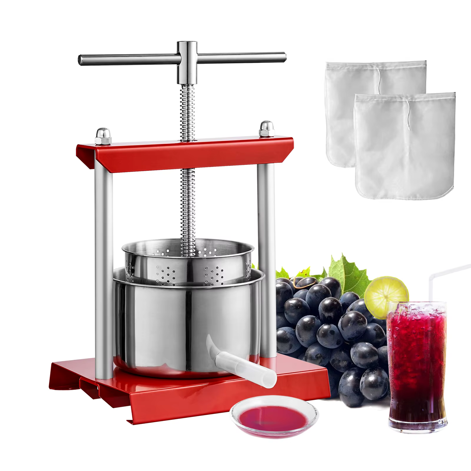 VEVOR Fruit Wine Press 2/3/6L, 2 Stainless Steel Barrels, Manual Juice Maker with T-Handle for Outdoor, Kitchen, and Home