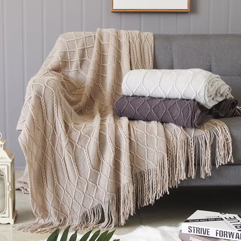 Nordic Knitted Throw Blankets with Tassels Khaki Cream Grey Vintage Blankets Luxury Bed Sofa Couch Oversized Bedspread Cover