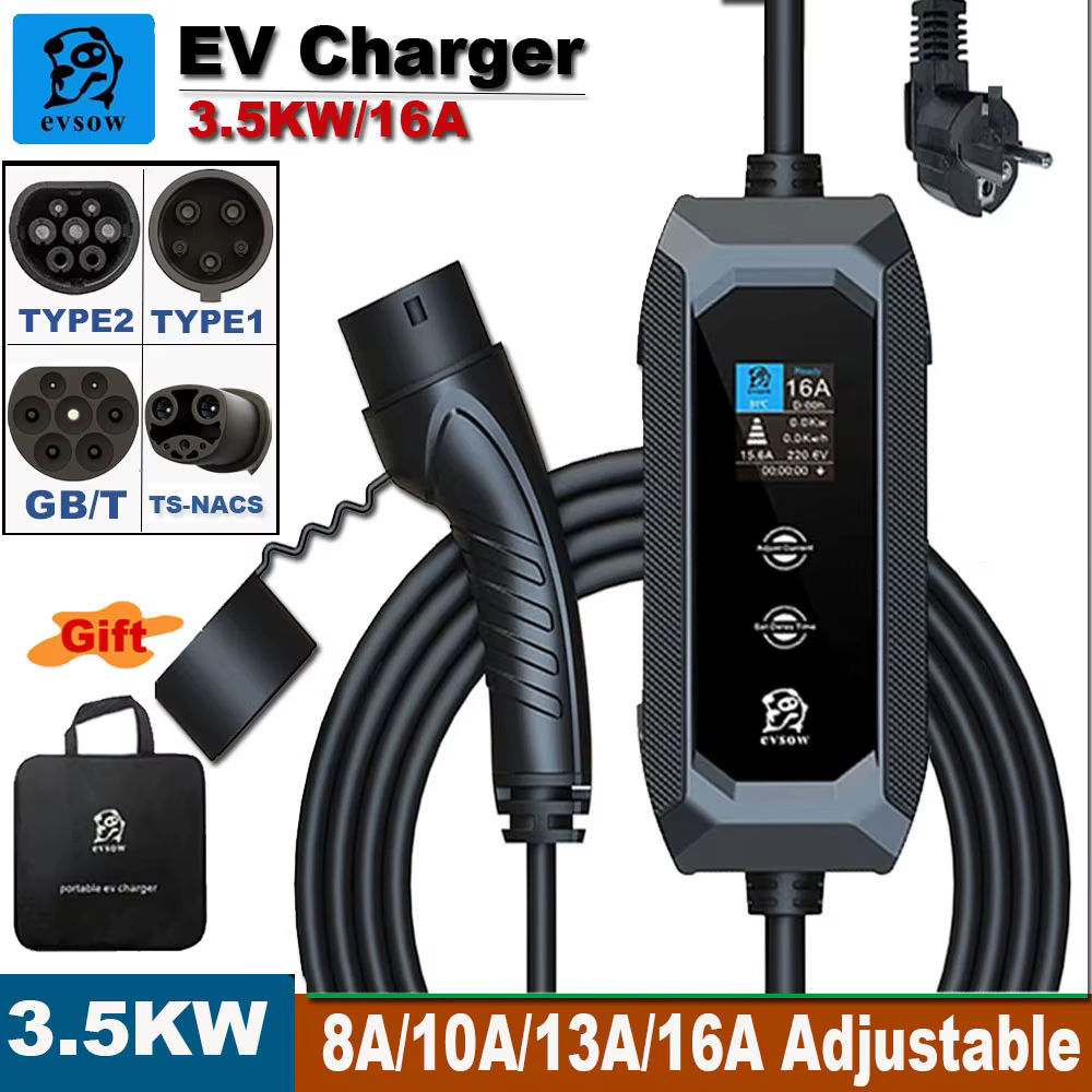evsow EV Charger Type2 Charger Portable Electric Vehicle Car Fast Charger 3.5KW 16A Type1 TS-NACS Wallbox EVSE Charger Station