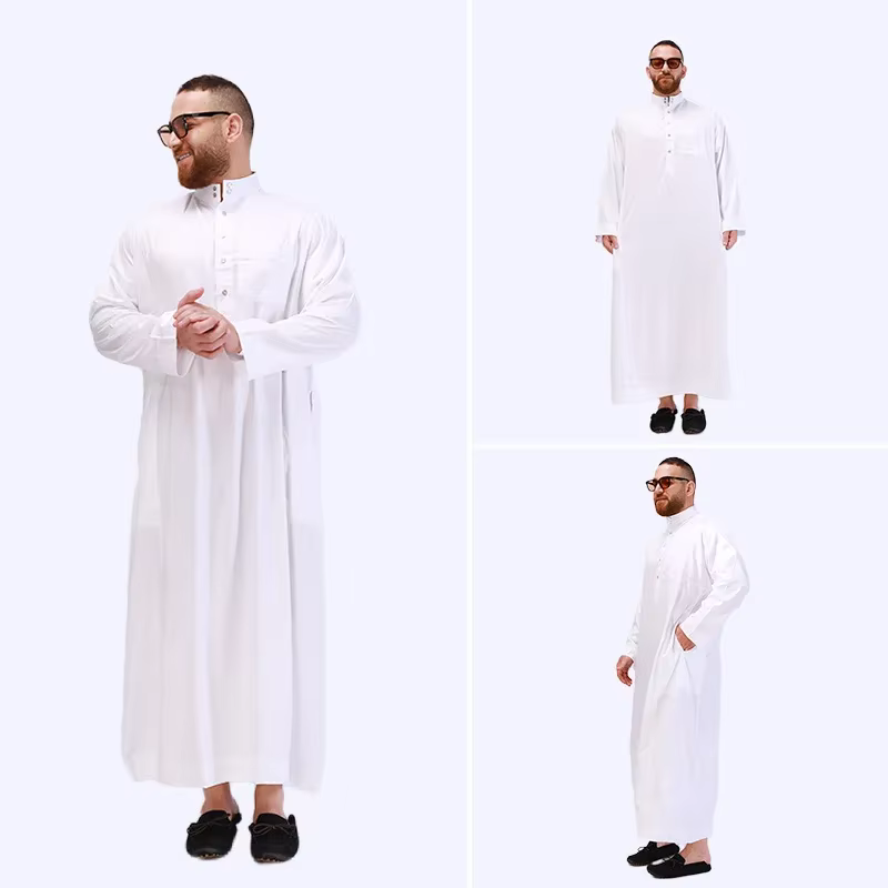 Ramadan Eid Muslim Men Robe Long Sleeve Baggy Leisure Jubba Thobe Middle East Abayas Dubai Turkish Islamic Clothing Pure White
